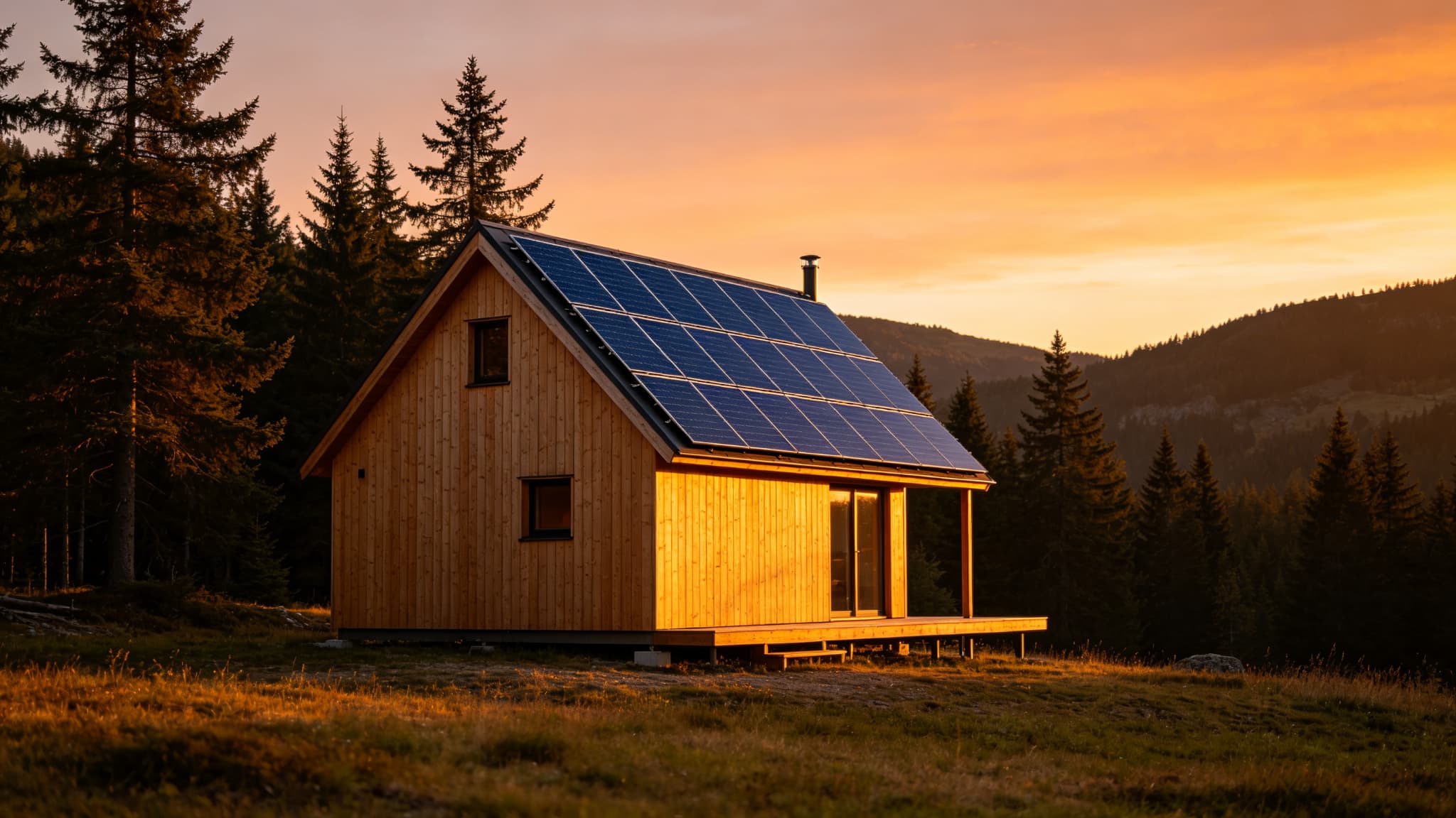 Off-grid cabin with rooftop solar at golden hour