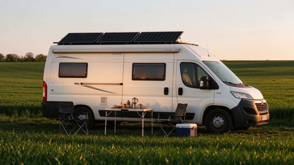 White Citroen Relay camper van with three solar panels on the roof parked in a green field.