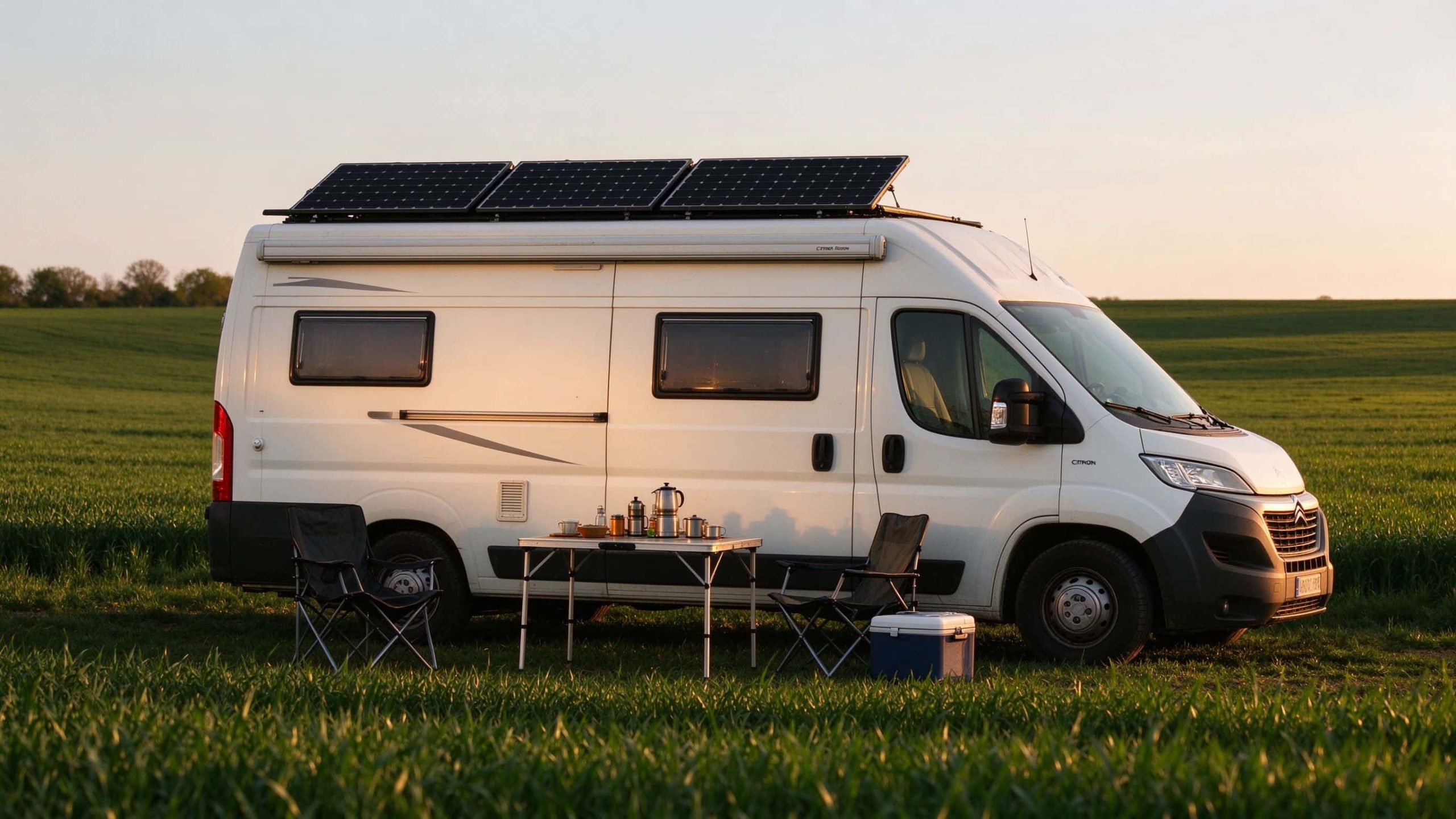 White Citroen Relay camper van with three solar panels on the roof parked in a green field.