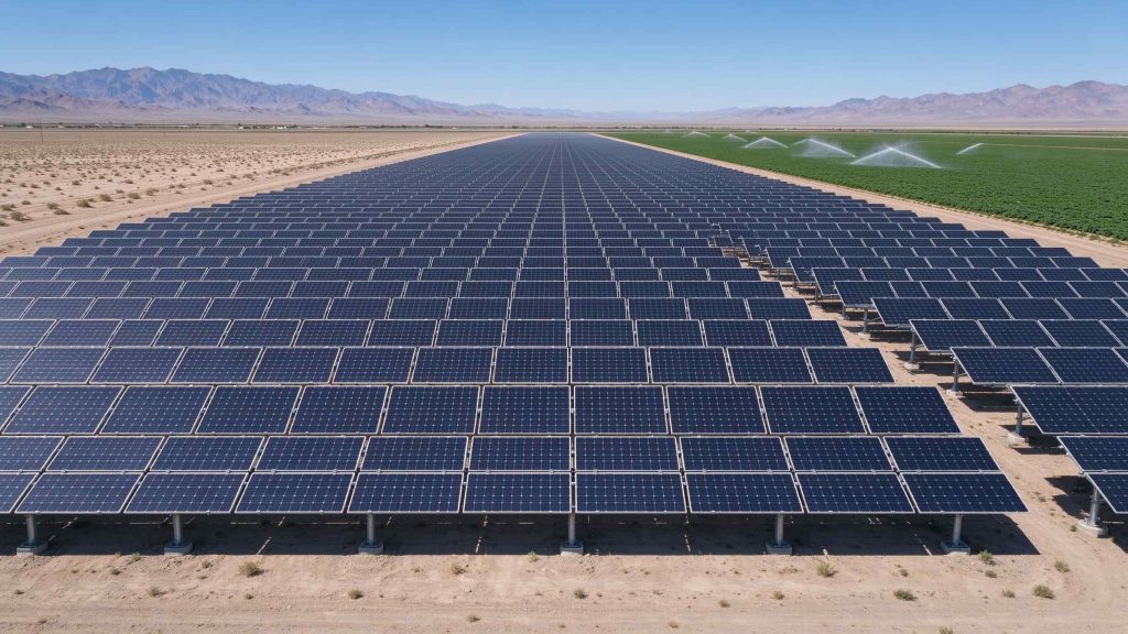 Aerial view of a utility-scale solar array next to an irrigated alfalfa field in the Nevada desert.