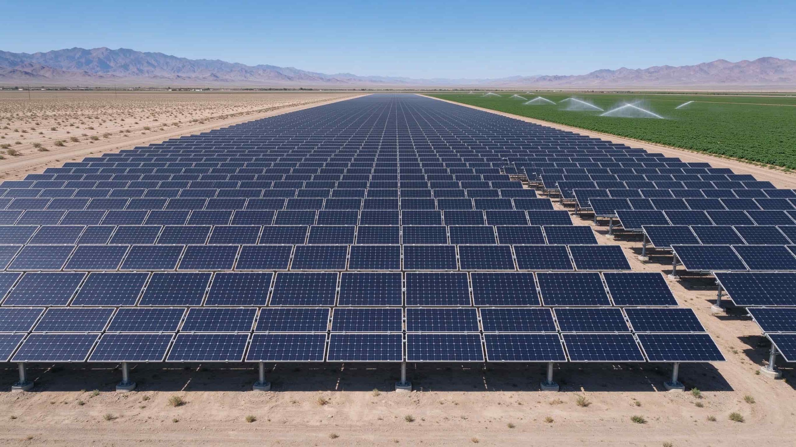 Aerial view of a utility-scale solar array next to an irrigated alfalfa field in the Nevada desert.
