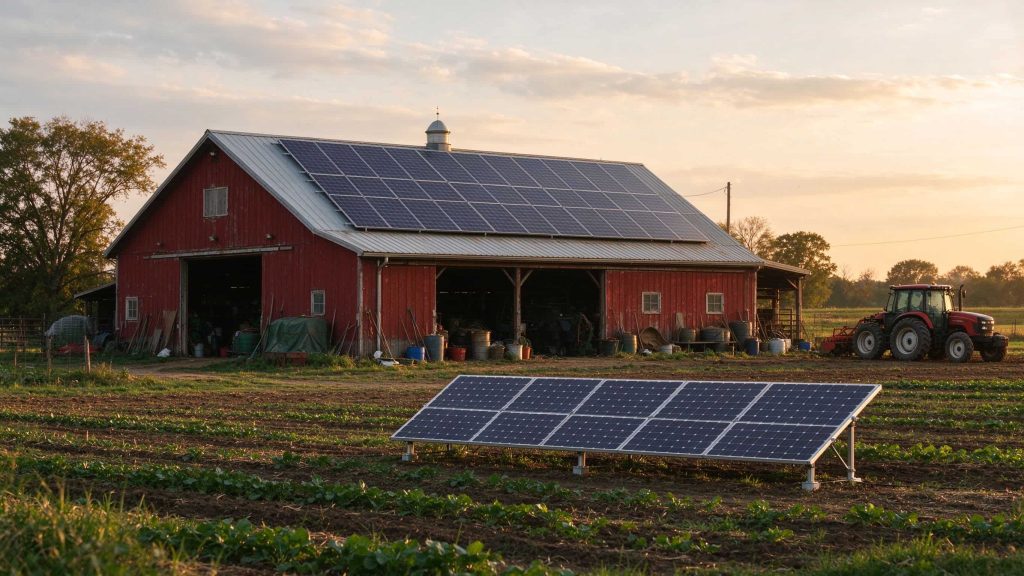 Red barn with rooftop solar panels and a ground-mounted array in a crop field at golden hour.