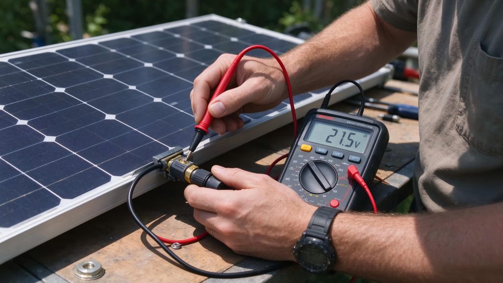 Hero shot, multimeter on isolated MC4 terminals. Used after intro