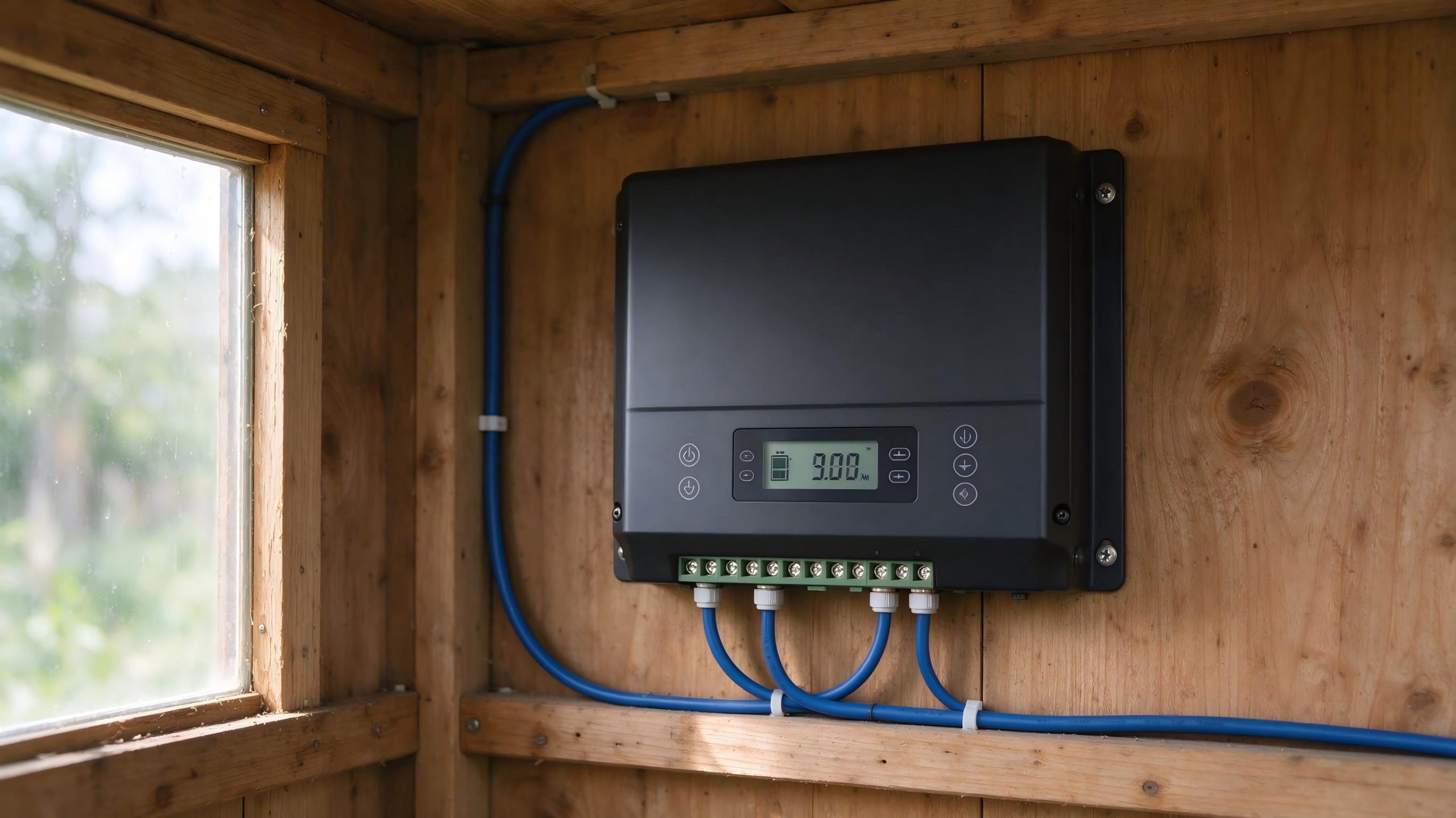 A black PWM solar charge controller mounted on a wooden shed wall with blue solar cables connected