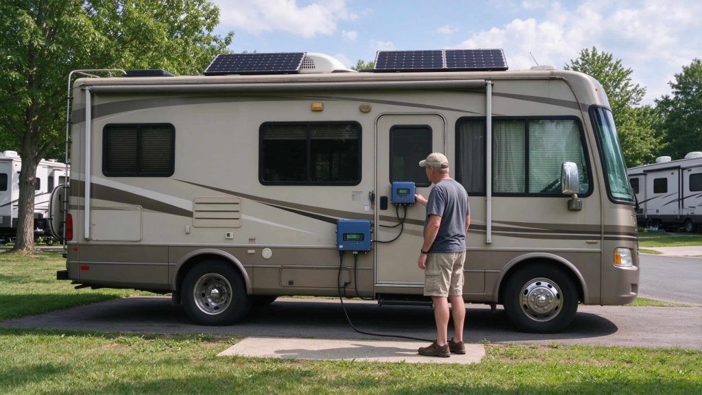 Motorhome with roof solar panels parked at a campsite while the owner checks the charge controller.