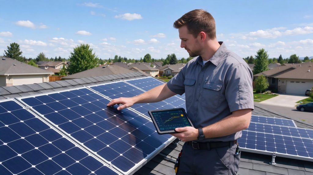A solar service technician on a residential rooftop holding a tablet and inspecting a solar panel array on a sunny day