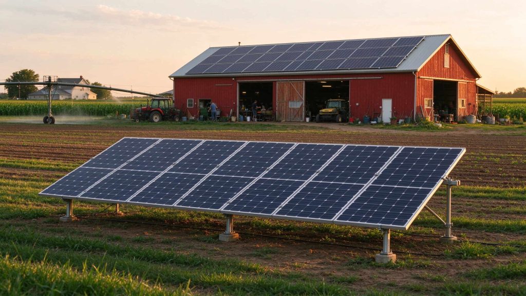 rn with rooftop solar and a ground-mounted array in a farm field at golden hour.