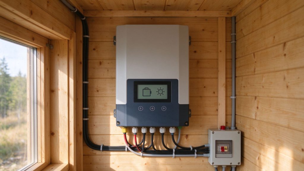 Solar charge controller mounted on a wood cabin wall with fuse box and routed cables.